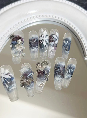穿戴甲纯手工美甲成品假指甲贴片紫色流沙轻奢爆闪钻手绘拉丝小花