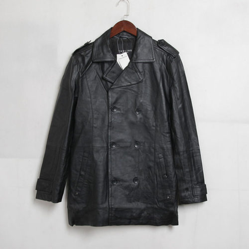 外贸男装皮衣双排扣翻领长袖春秋休闲时尚口袋男士风衣中长款外套