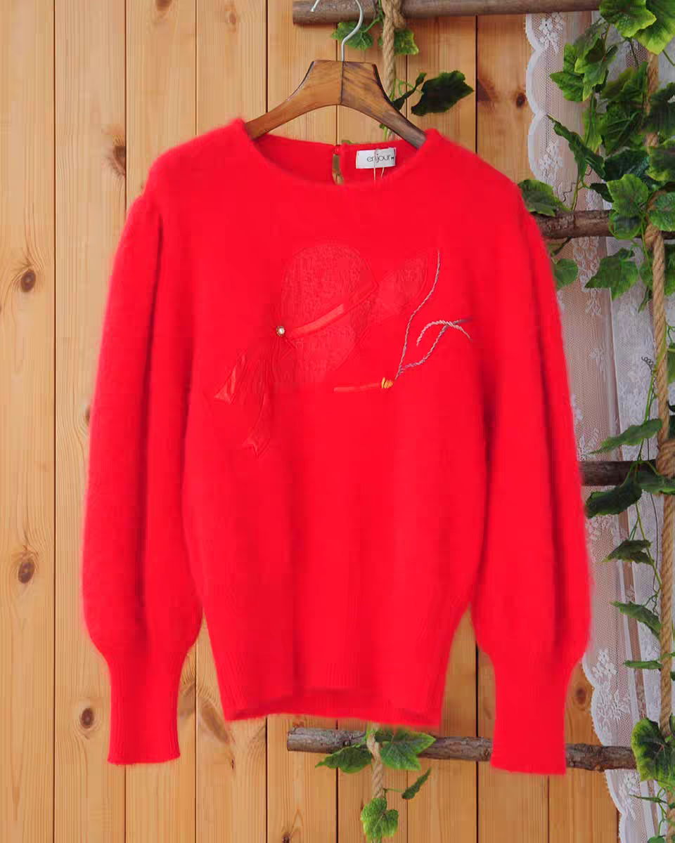 名媛甜美气质新年红色毛衣女 蕾丝帽钉珠安哥拉长兔毛针织套头衫,女装/女士精品,毛衣,淘宝优惠券,粉丝福利购,淘宝优惠卷