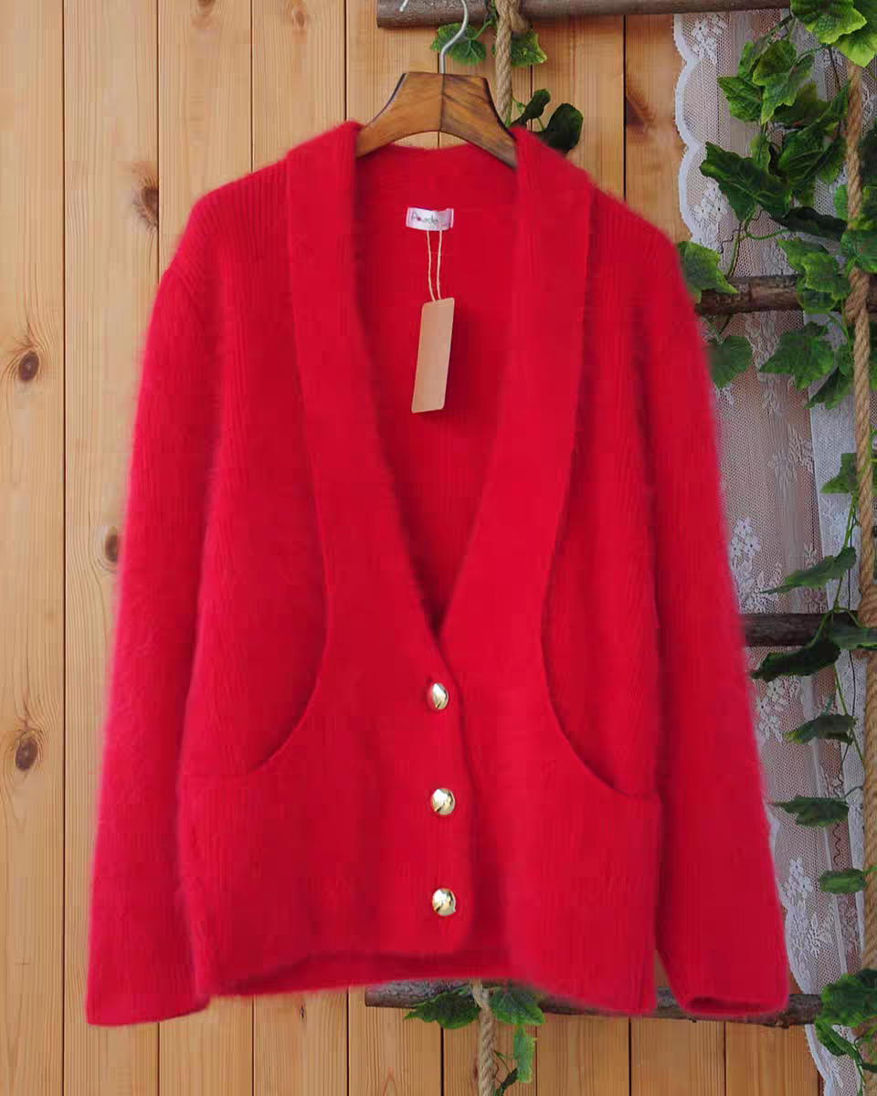 红色安哥拉长兔毛针织开衫 日系V领金扣口袋软糯保暖秋冬毛衣外套,女装/女士精品,毛衣,淘宝优惠券,粉丝福利购,淘宝优惠卷