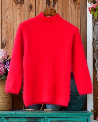 大红色半高领安哥拉兔毛毛衣女 软糯修身九分袖套头针织秋冬打底