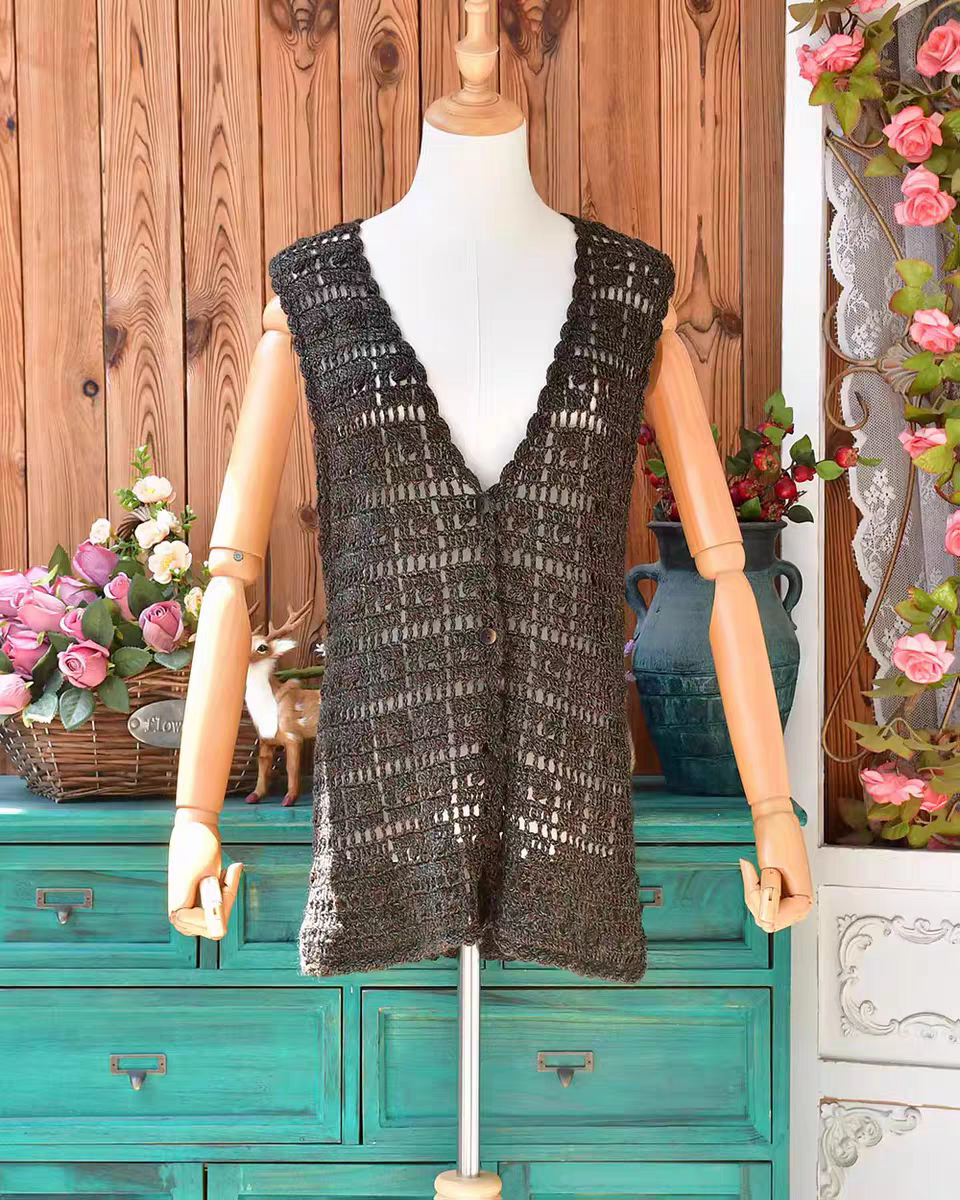 复古田园森女风外搭文艺马甲纯羊毛v领手工编织镂空马夹背心毛衣