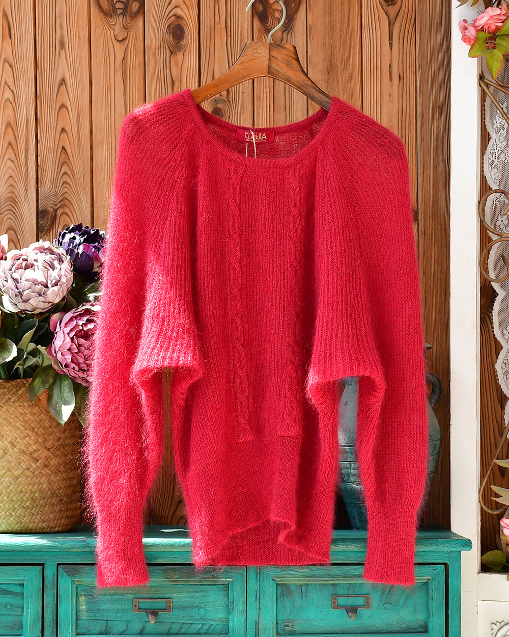 A法式轻奢24秋季新品细针织毛衫长袖真丝马海毛蝙蝠红色毛衣套头