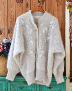 复古宫廷风灰色安哥拉长兔毛毛衣开衫 立体花钉珠宽松蝙蝠款外套