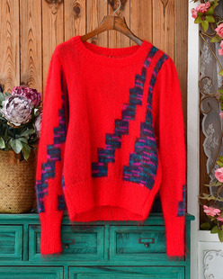 2024新品撞色马海毛安哥拉山羊毛甜美日系秋冬宽松红色毛衣套头女