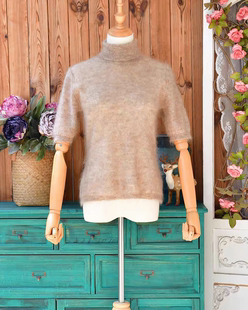 港风气质减龄高领纯色简约百搭短袖针织衫上衣秋冬马海毛毛衣套头