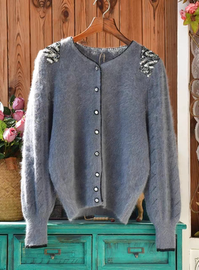 优雅气质灰色亮片订珠安哥拉长兔毛兔绒羊毛镂空袖毛衣女开衫外套