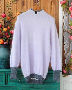 日系优雅复古文艺范毛衣女 细柔长马海毛半高领宽松针织秋冬套头