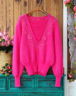 初春日系软妹甜美风丝带刺绣花朵安哥拉山羊毛马海毛毛衣女套头