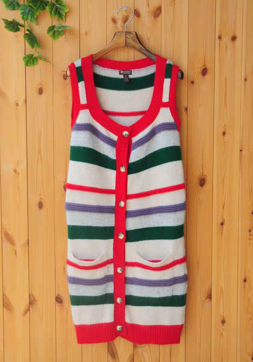 日系复古森女风彩色条纹安哥拉兔毛背心裙 中长款无袖针织连衣裙