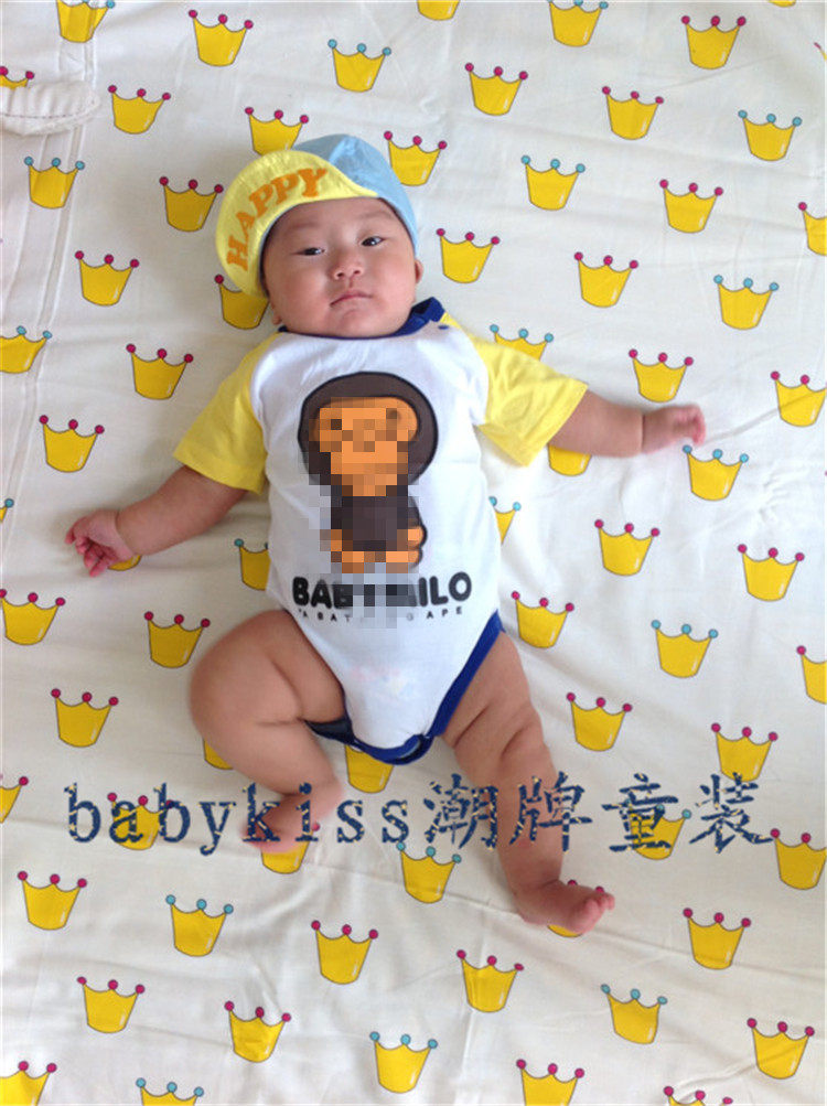 无套头婴儿爬服拼色袖卡通哈衣