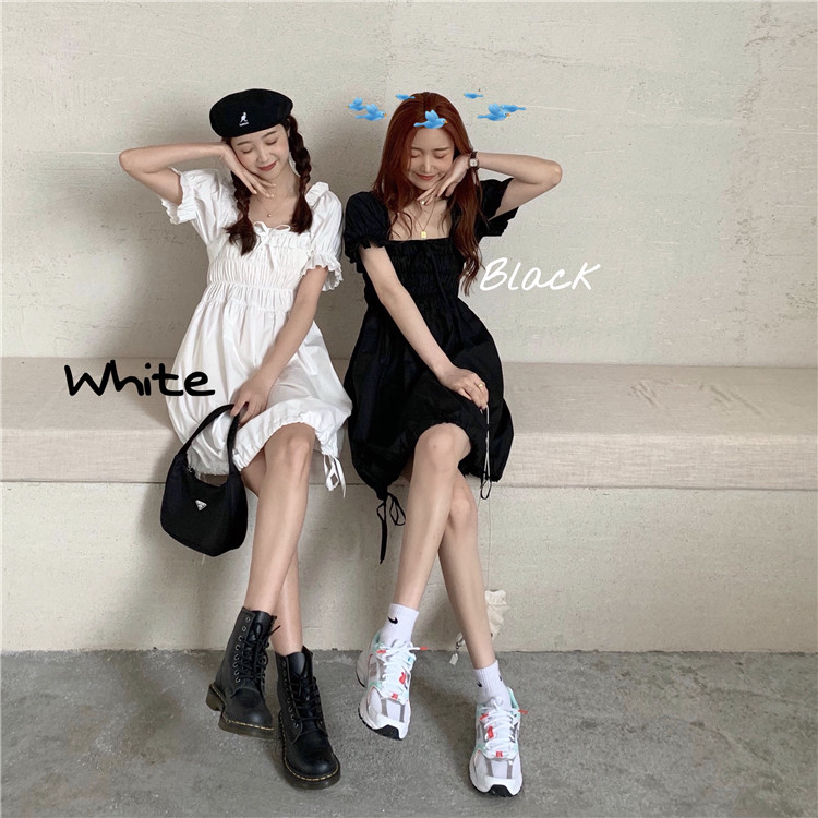 Real shot! Real price! Vintage Girl Bubble Sleeve solid dress