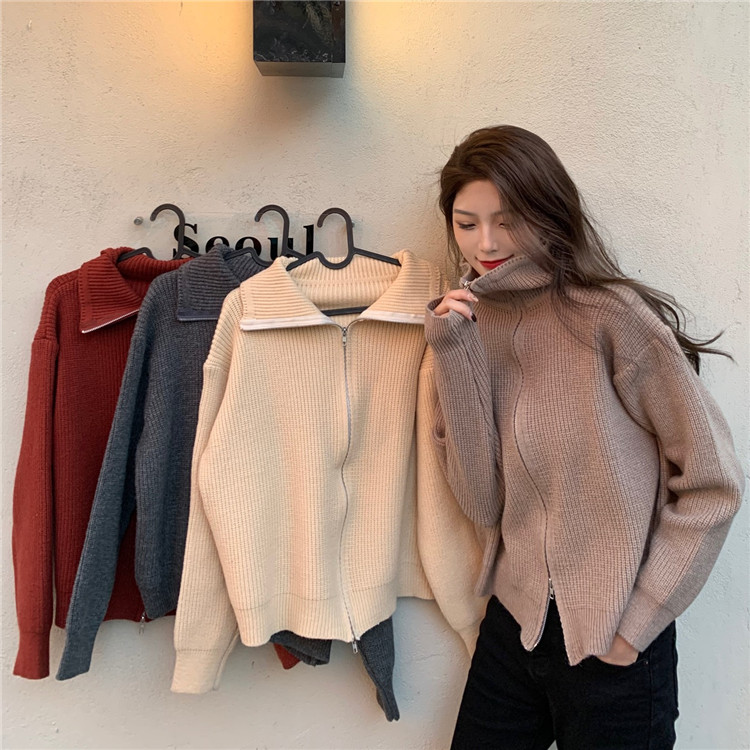 Real shot! Real price! Zipper turtleneck sweater coat Long Sleeve autumn winter lazy wind knitted cardigan girl