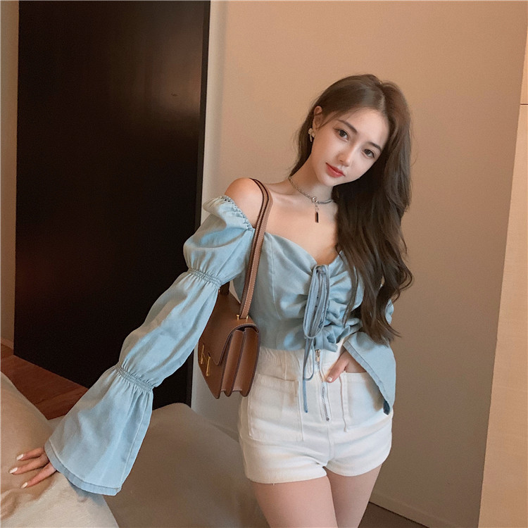 Real shot! Real price! Puff sleeve slim fitting denim shirt