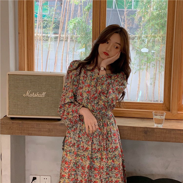 Real shot! Real price! Loose and simple mid long split long sleeve Floral Dress