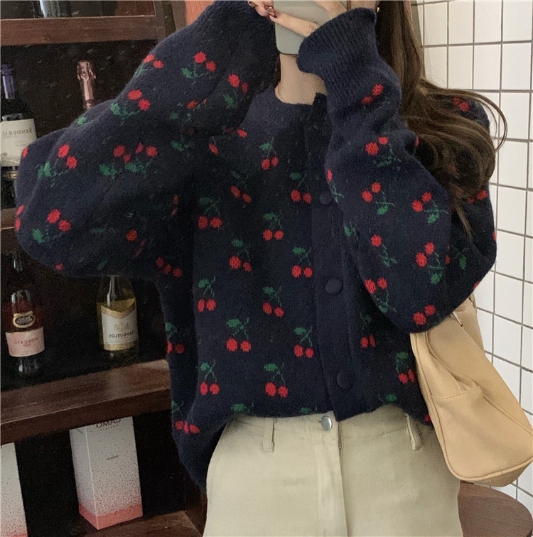 Real shot! Real price! Cherry jacquard knitted sweater cardigan coat