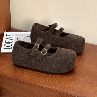 厚底增高毛呢玛丽珍鞋女款2025冬季新款加绒毛毛单鞋双扣带勃肯鞋