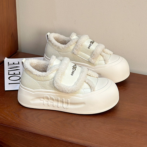 加绒厚底面包鞋女2025冬新款真皮