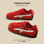 红色赛车鞋 复古平底德训鞋 新款 真皮百搭休闲运动板鞋 女款 2025秋季