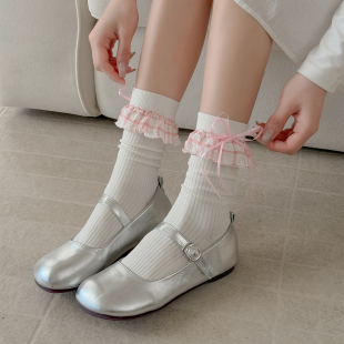 lolitaroji温柔乡芭蕾风袜子女春蝴蝶结中筒袜洛丽塔棉袜甜美