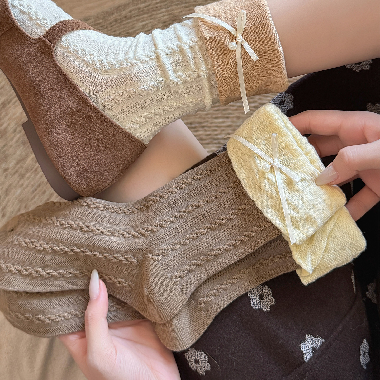 蝴蝶结袜子女ins风韩系少女芭蕾风甜美翻边堆堆袜秋冬麻花中筒袜