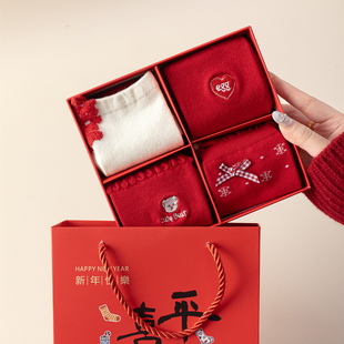 本命年红袜子女刺绣egg潮流蝴蝶结礼盒中筒袜平安喜乐新年大红袜