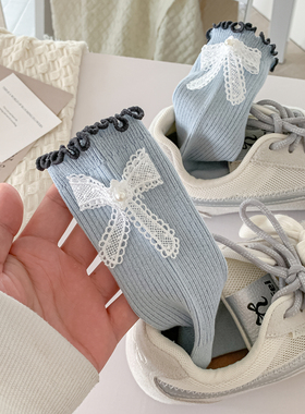 蕾丝蝴蝶结袜子女士中筒袜春秋日系JK甜美木耳边蓝色长筒堆堆袜