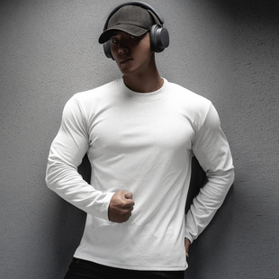 春秋男新款健身房训练运动休闲跑步弹力纯色宽松长袖速干圆领T恤
