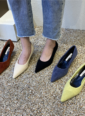 断码猫跟尖头鞋女2022新款时尚绒面浅口套脚细中跟ol单鞋子B64F