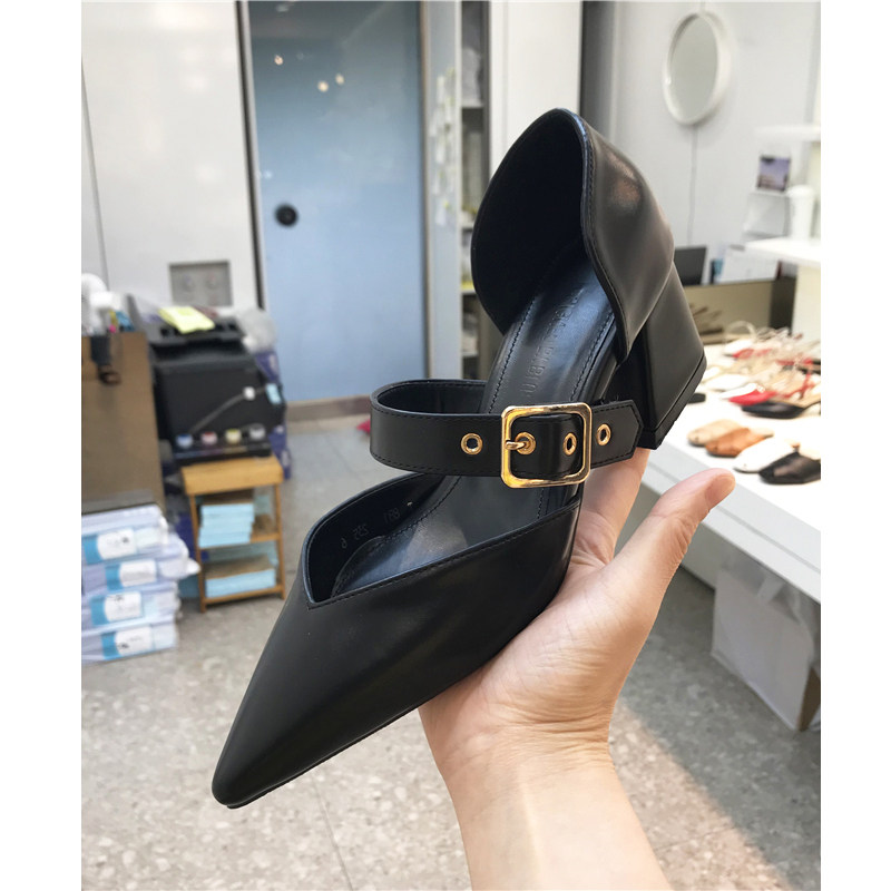 小小苏显瘦春夏季韩国单鞋子女尖头浅口脚背皮带扣中空粗跟鞋百搭