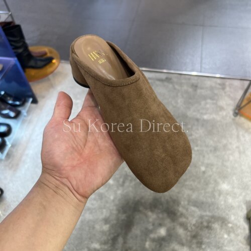 复古绒面穆勒鞋方头粗跟半拖鞋