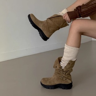 小小苏韩国女鞋秋季新款西部牛仔复古短靴皮带扣两穿磨砂皮机车靴