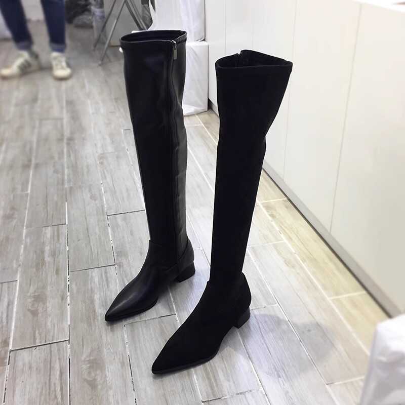 长靴方跟尖头侧拉链过膝