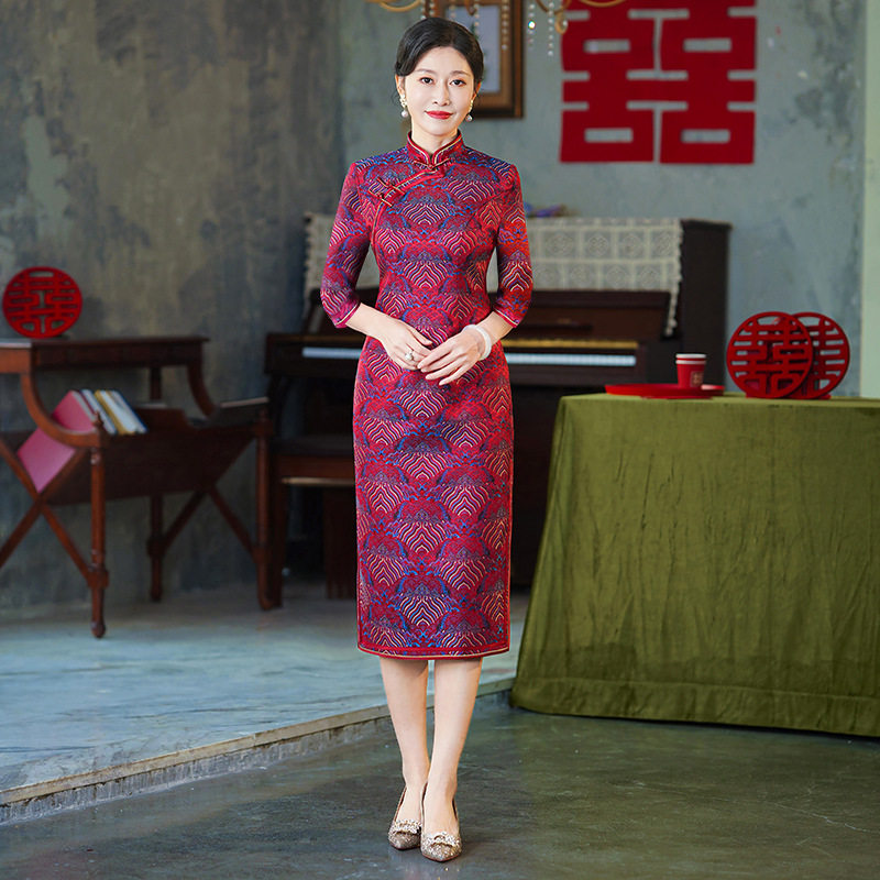 喜婆婆婚宴装秋夏装款婚礼妈妈中国风旗袍女中长款旗袍七分袖短袖