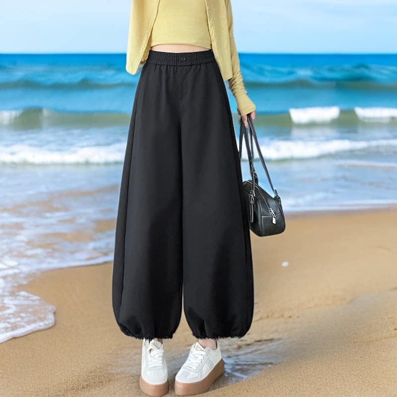 慵懒风高腰九分阔腿裤女黑色宽松显瘦小个子休闲裤夏装遮肉灯笼裤