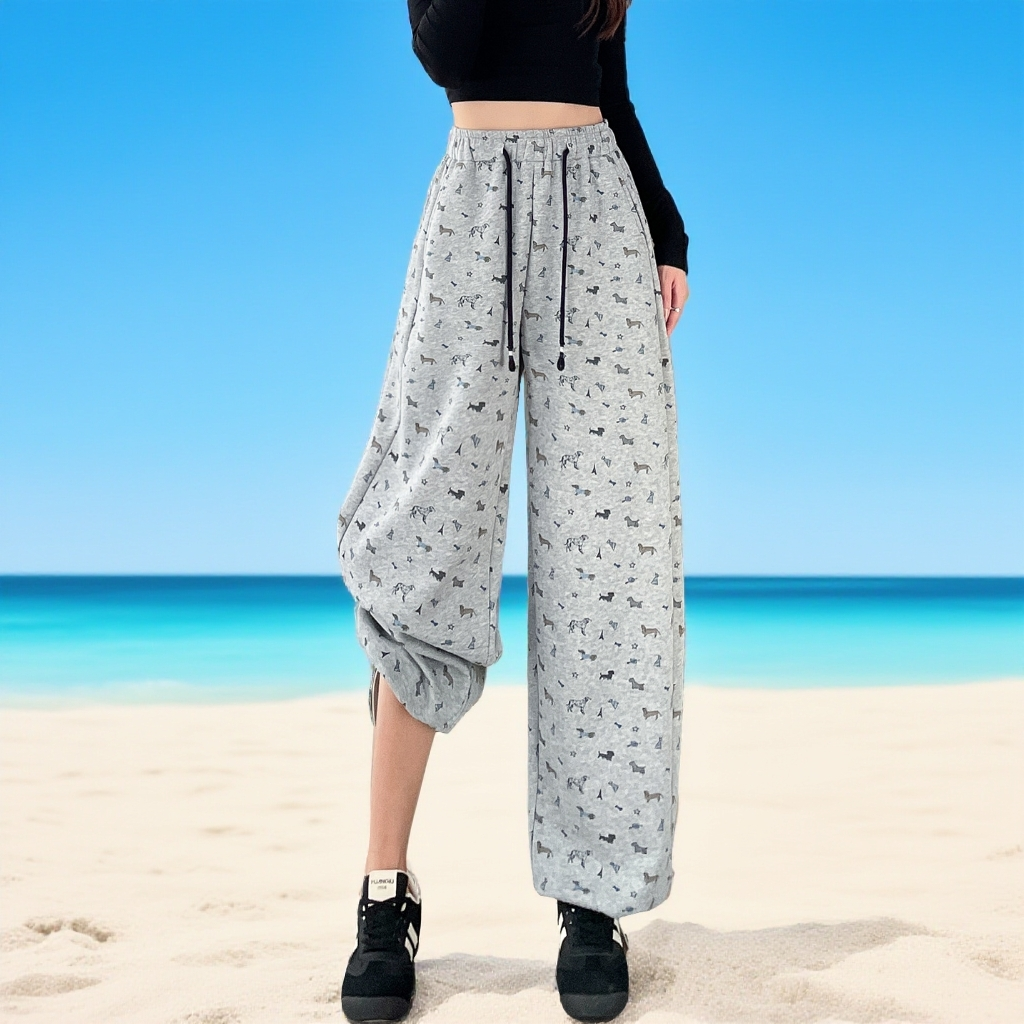 慵懒风满印小狗弯刀阔腿裤女宽松抽绳直筒休闲裤小个子垂感裤拖地