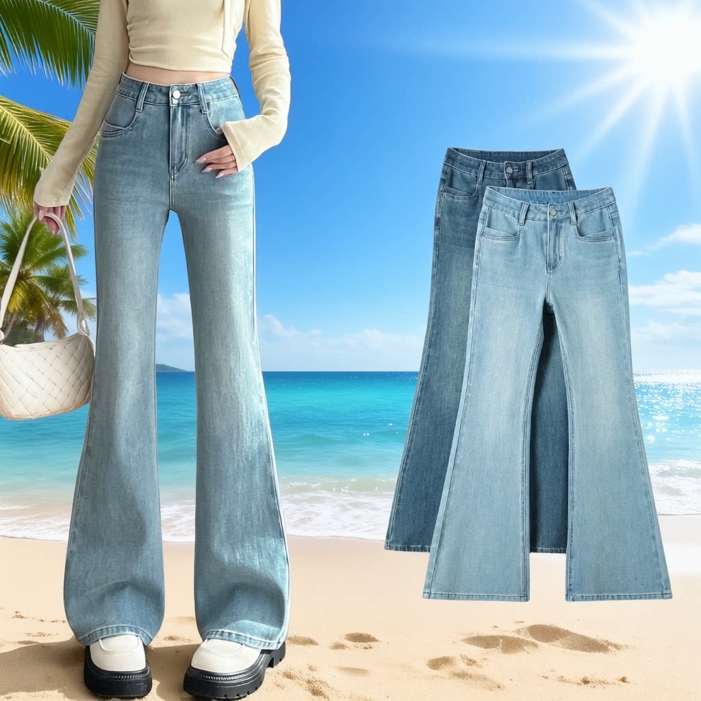 高腰显瘦微喇牛仔裤女修身喇叭长裤浅蓝色时尚裤子春秋女装马蹄裤