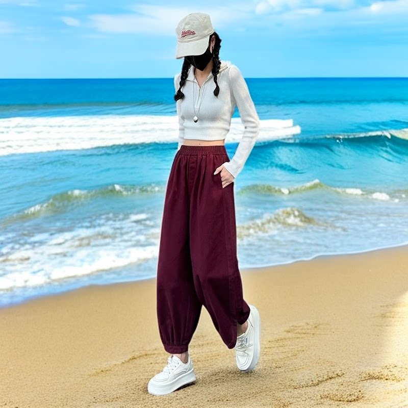 慵懒风高腰九分阔腿裤女宽松显瘦小个子休闲灯笼裤开叉哈伦萝卜裤