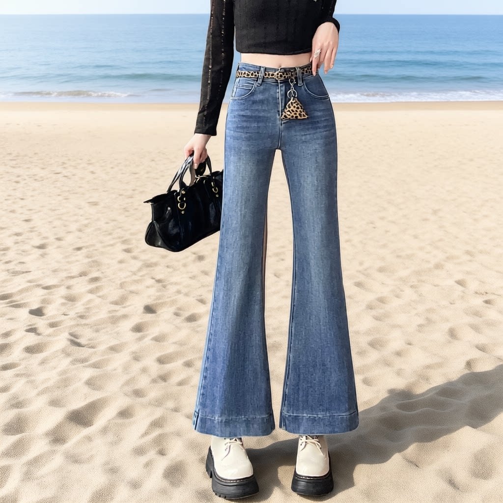 美式风微喇牛仔裤女高腰显瘦小个子马蹄喇叭裤蓝色长裤高弹阔腿裤