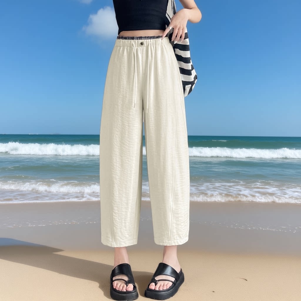 松紧腰九分阔腿裤女宽松显瘦小个子弯刀裤休闲裤樱花绒格子气球裤