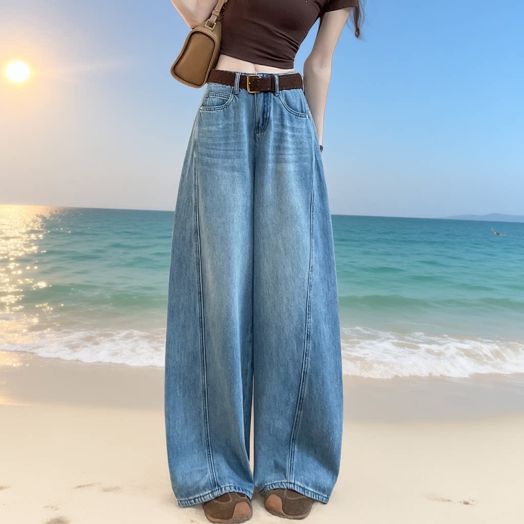 复古弯刀阔腿牛仔裤女高腰宽松显瘦长裤梨型身材镰刀裤垂感香蕉裤