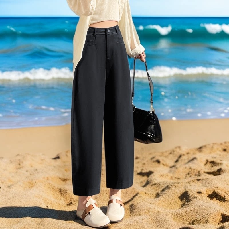 高腰弯刀阔腿裤女黑色宽松显瘦小个子慵懒风休闲裤百搭九分气球裤