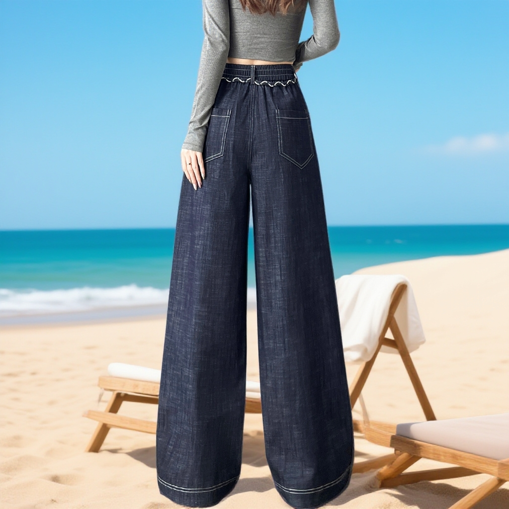 慵懒深蓝色阔腿牛仔裤女高腰宽松垂感拖地裤显瘦直筒裤藏肉休闲裤