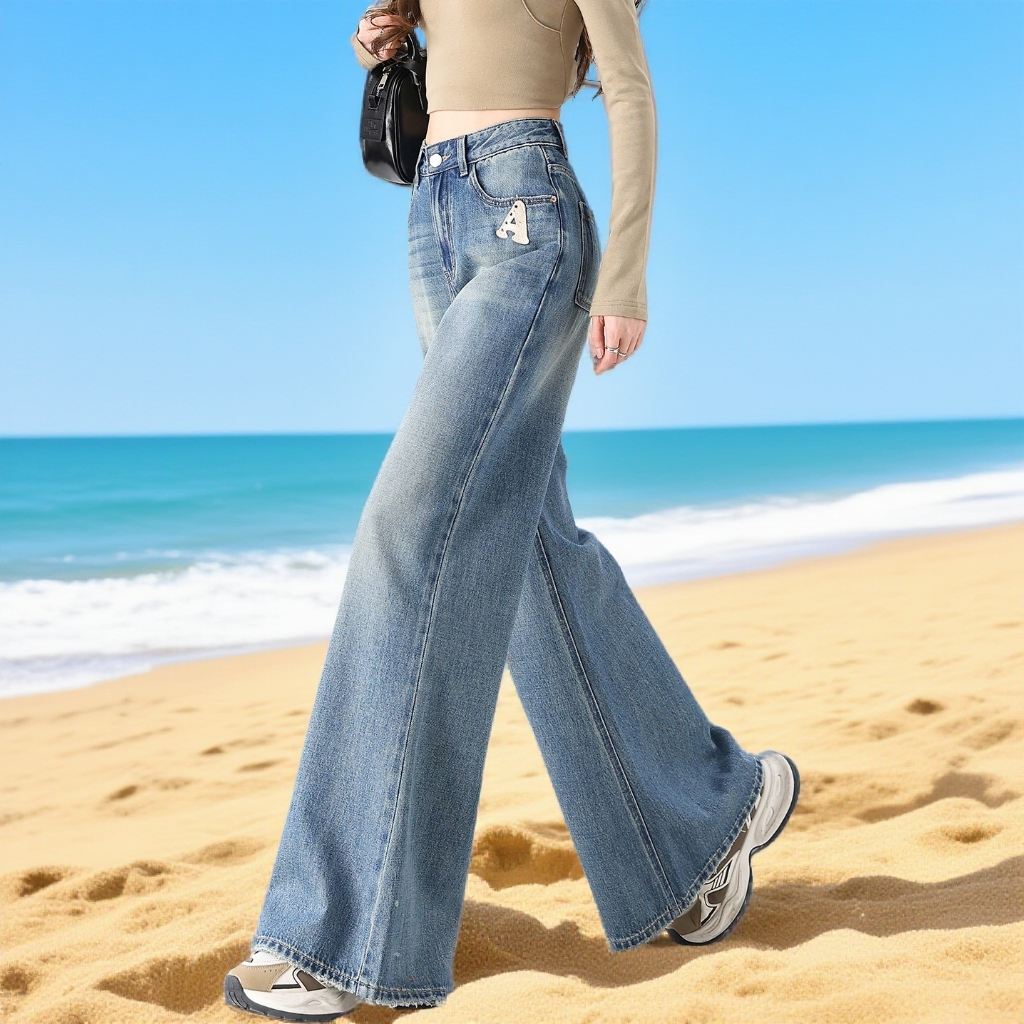 刺绣微喇裤女显瘦高腰阔腿牛仔裤女蓝色直筒拖地裤休闲风气质长裤