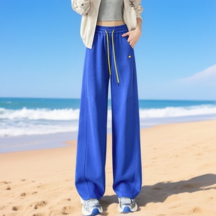 克莱因蓝弯刀休闲裤女抽绳阔腿裤宽松运动裤学生直筒长裤小狗刺绣