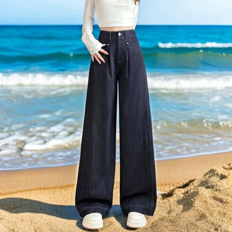 美式慵懒风深蓝色阔腿牛仔裤女宽松直筒拖地长裤松弛感天丝拖地裤