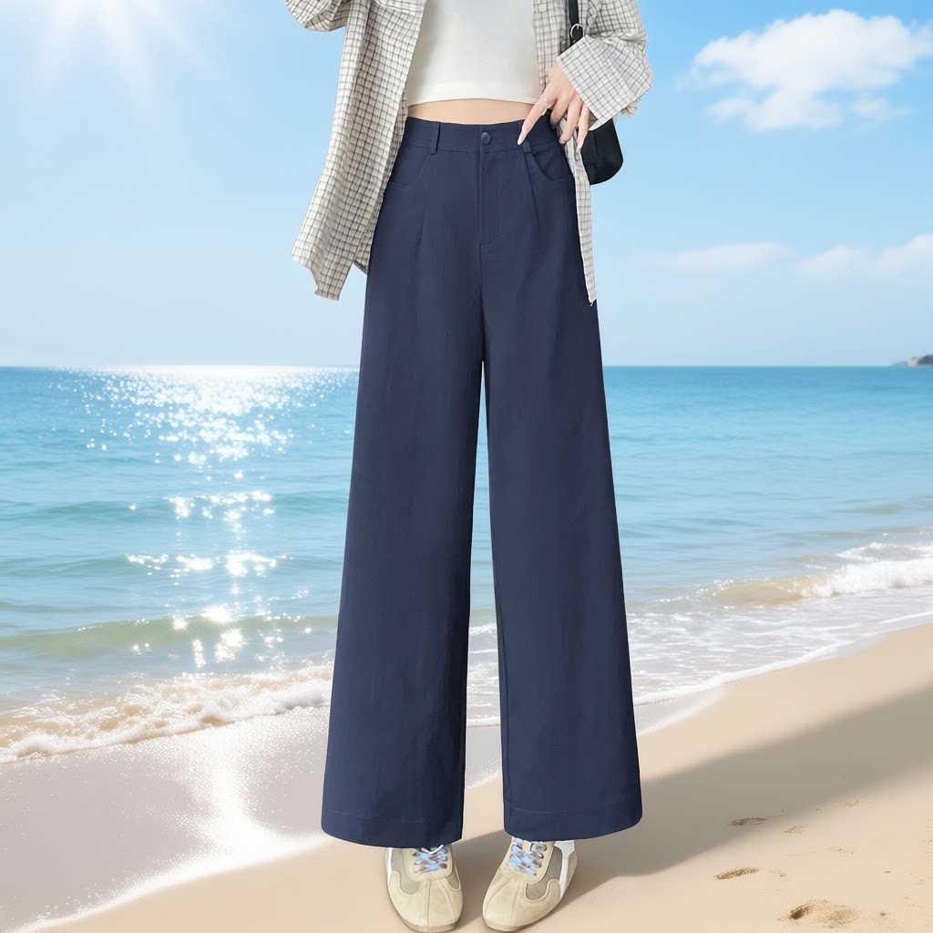 高腰阔腿裤女藏青色九分直筒裤宽松显瘦小个子百搭休闲裤春夏薄款