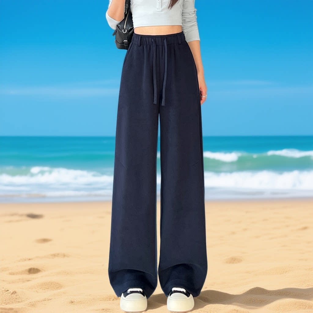 藏蓝色高腰系带阔腿裤女宽松垂感直筒休闲裤窄版显瘦运动裤松弛感