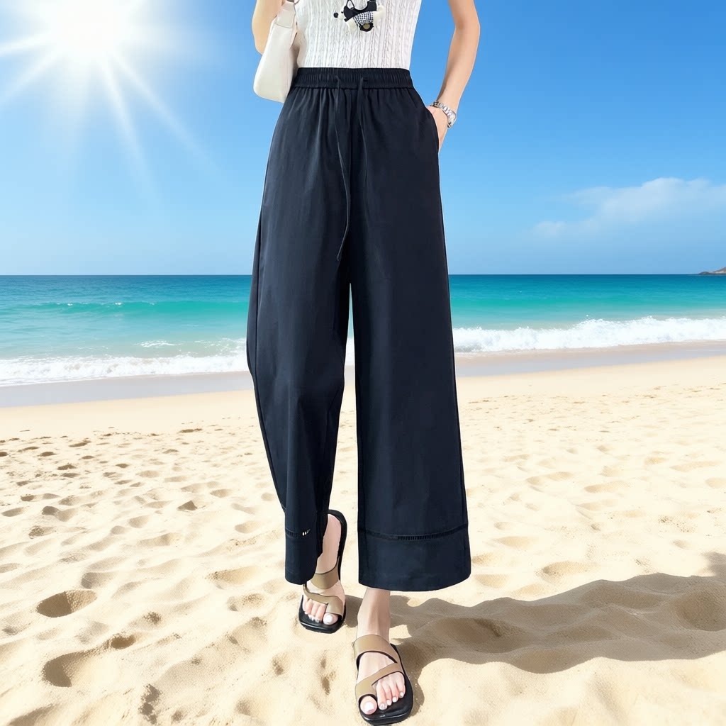 高腰宽松阔腿裤女九分显瘦垂感直筒裤小个子休闲裤时尚镂空筒裤