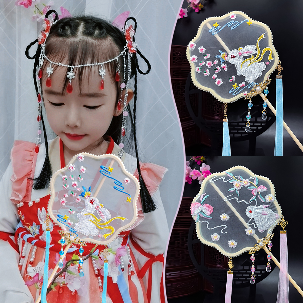 团扇古风扇子儿童舞蹈圆扇夏半透长柄女童古装汉服旗袍刺绣八瓣扇